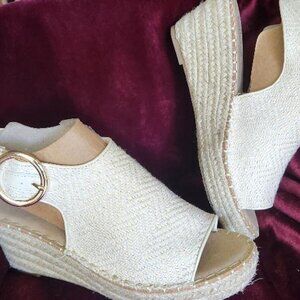 Catherine Malandrino gold white wedge espadrille open toe sandal sz 8
